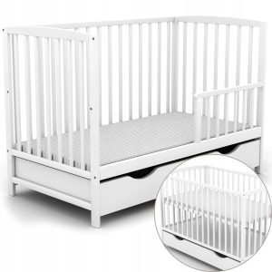 Białe Łóżeczko Sosnowe z Szufladą Krzyś + Barierka dla opcji Sofa /Arco