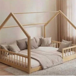 Drewniane Łóżko Domek dla Dzieci z Barierkami 160x80 – Styl Montessori